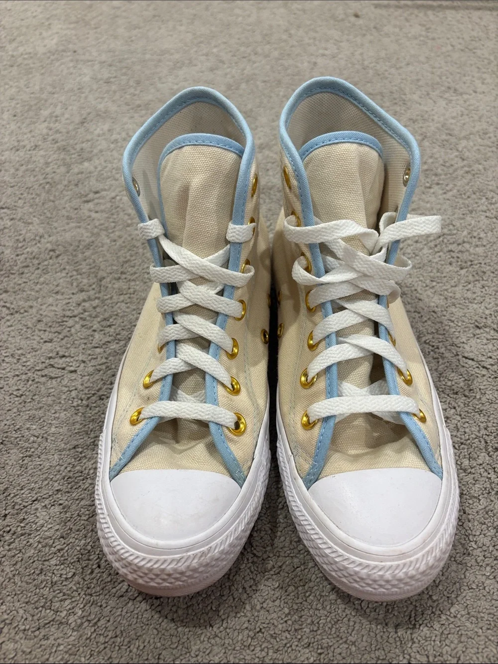 Converse Cream High-Top Sneakers with Light Blue Trim and Gold hardware (no box)